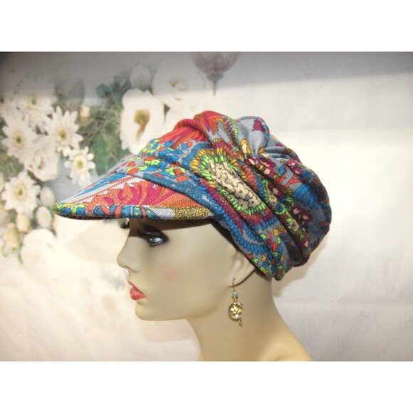 Women's Retro Style Flower Print Newsboy Hat Ruche Sun Lightweight Blue NEW - Picture 1 of 4